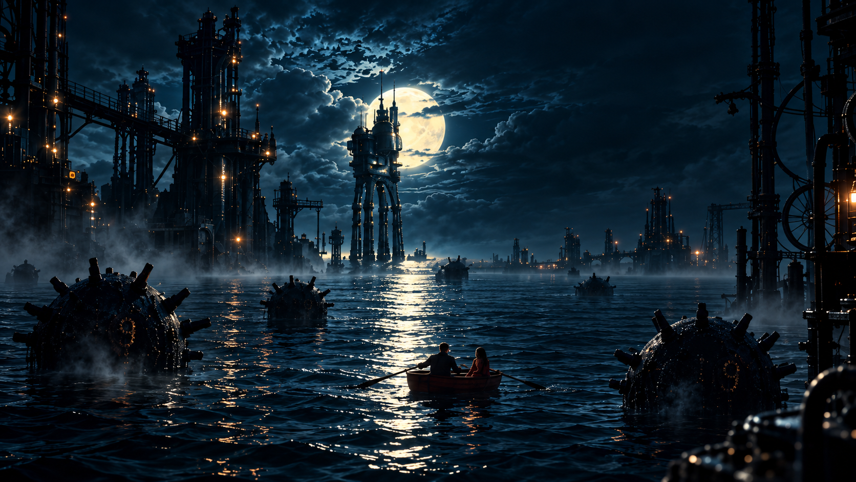 Cité industrielle nocturne émergeant d’une mer sombre sous la pleine lune